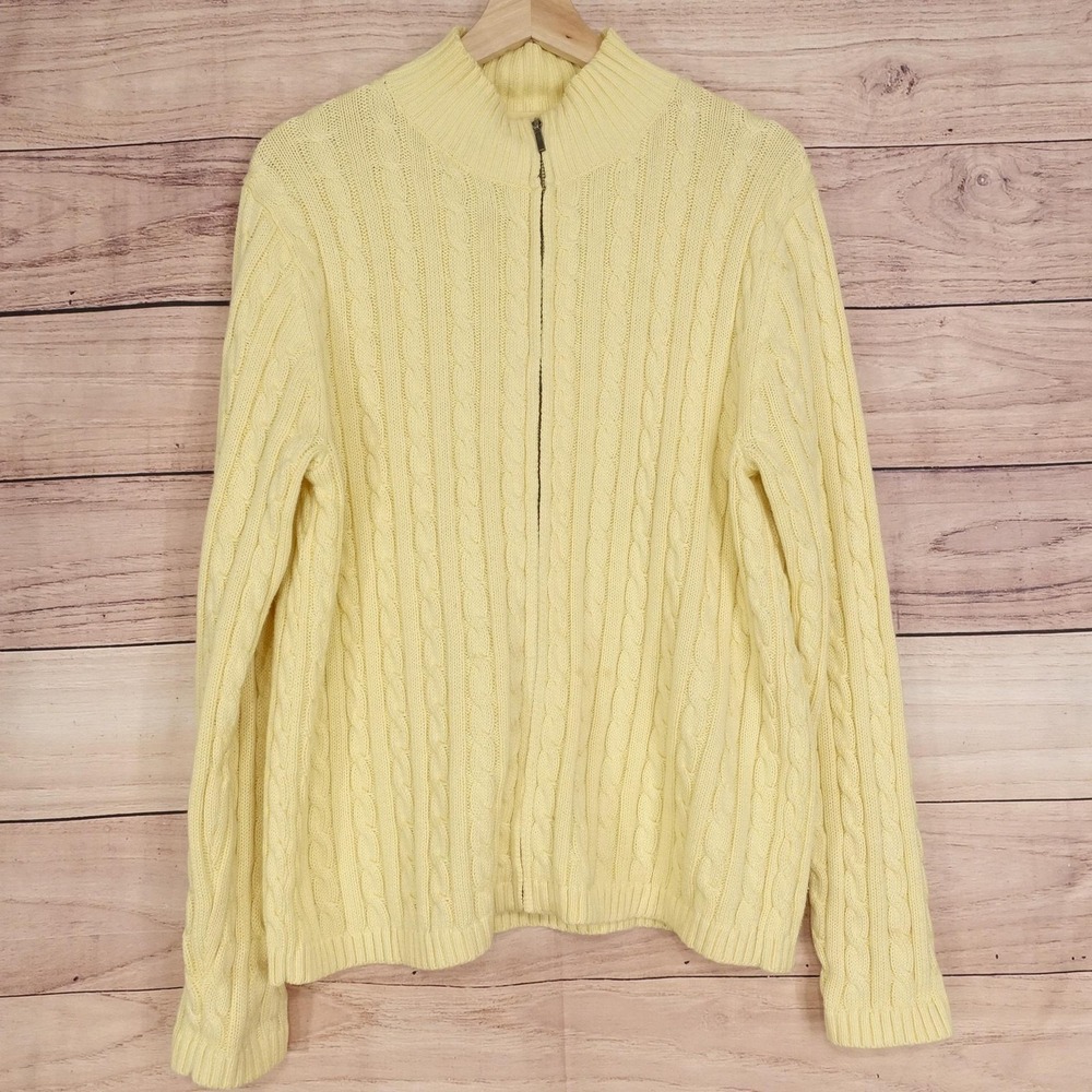 LL Bean Sweater Womens‎ L Yellow Cable-Knit Full Zip Mock Neck 100% Cotton